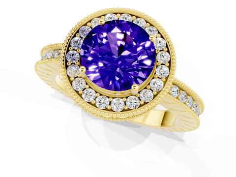 Yellow gold Round Cut Halo Diamond Engagement Ring with Milgrain Pave Band and Four-Prong Setting_1