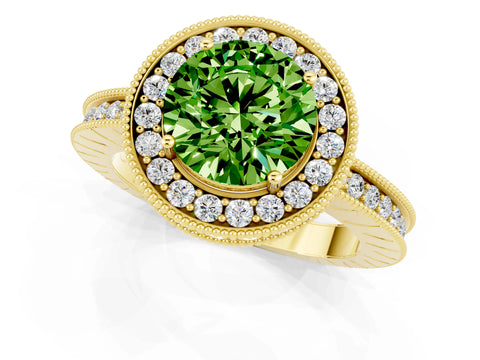 Yellow gold Round Cut Halo Diamond Engagement Ring with Milgrain Pave Band and Four-Prong Setting_1