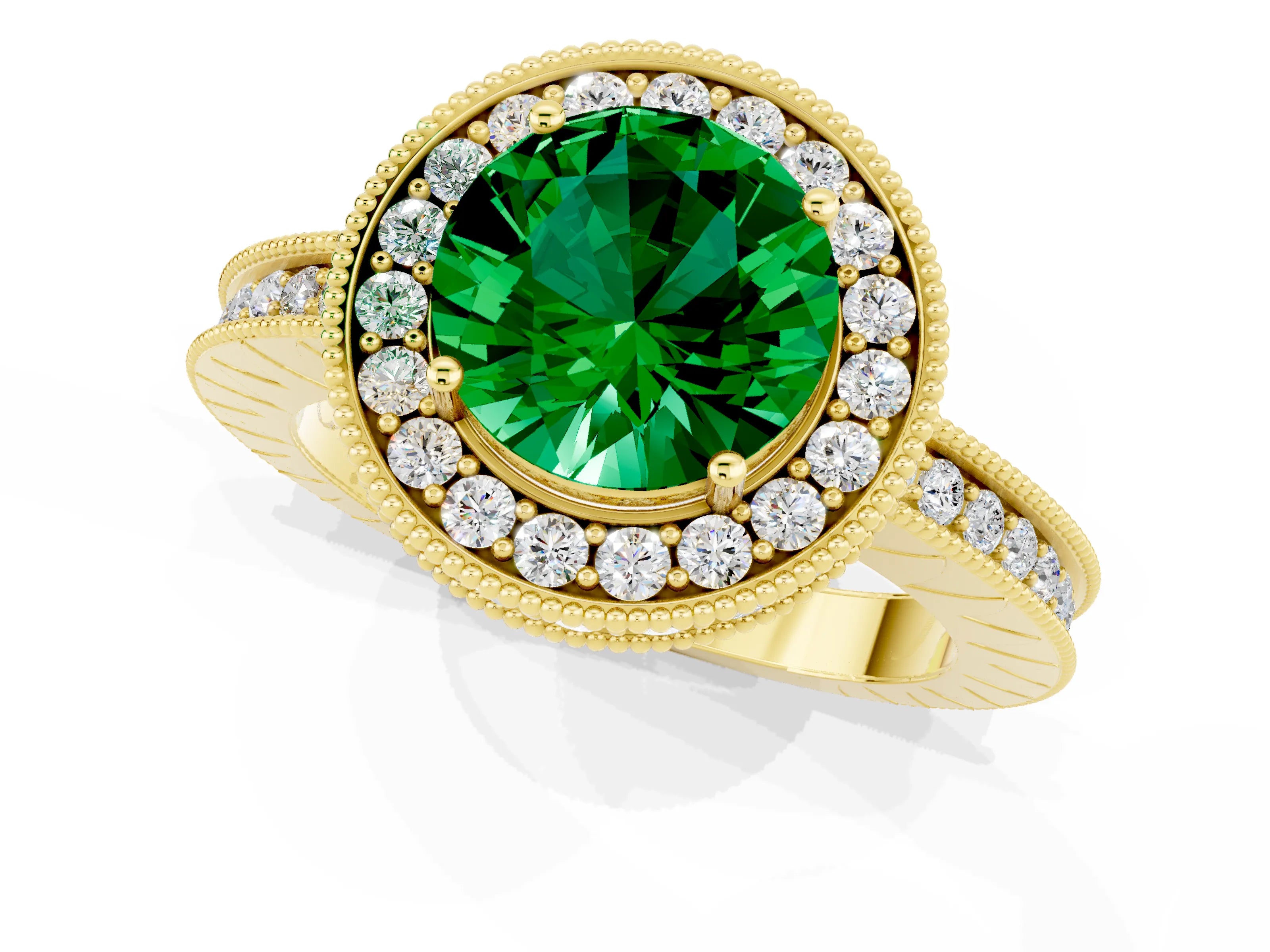 Yellow gold Round Cut Halo Diamond Engagement Ring with Milgrain Pave Band and Four-Prong Setting_1