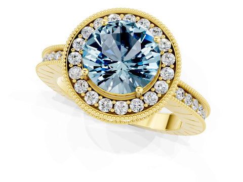 Yellow gold Round Cut Halo Diamond Engagement Ring with Milgrain Pave Band and Four-Prong Setting_1