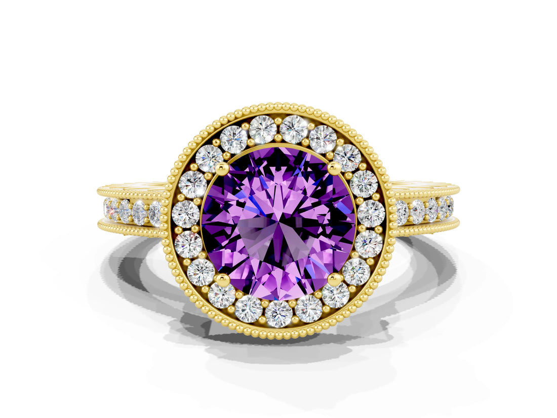 Yellow gold Round Cut Halo Diamond Engagement Ring with Milgrain Pave Band and Four-Prong Setting