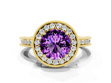 Yellow gold Round Cut Halo Diamond Engagement Ring with Milgrain Pave Band and Four-Prong Setting
