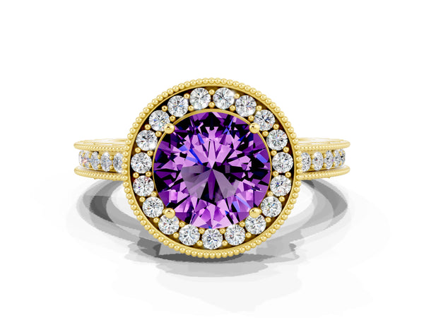 Yellow gold Round Cut Amethyst Milgrain Halo Engagement Ring with Round Pavé Band and Prong Setting