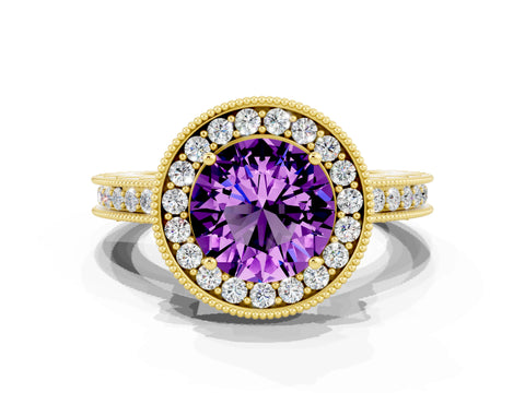 Yellow gold Round Cut Halo Diamond Engagement Ring with Milgrain Pave Band and Four-Prong Setting