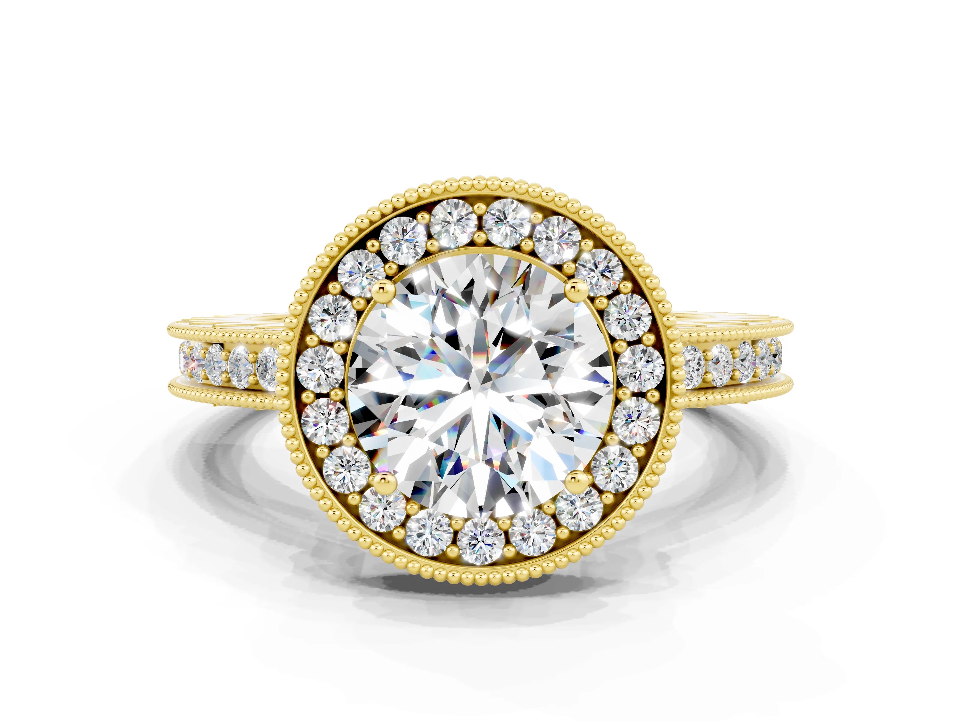Yellow gold Round Cut Halo Diamond Engagement Ring with Milgrain Pave Band and Four-Prong Setting
