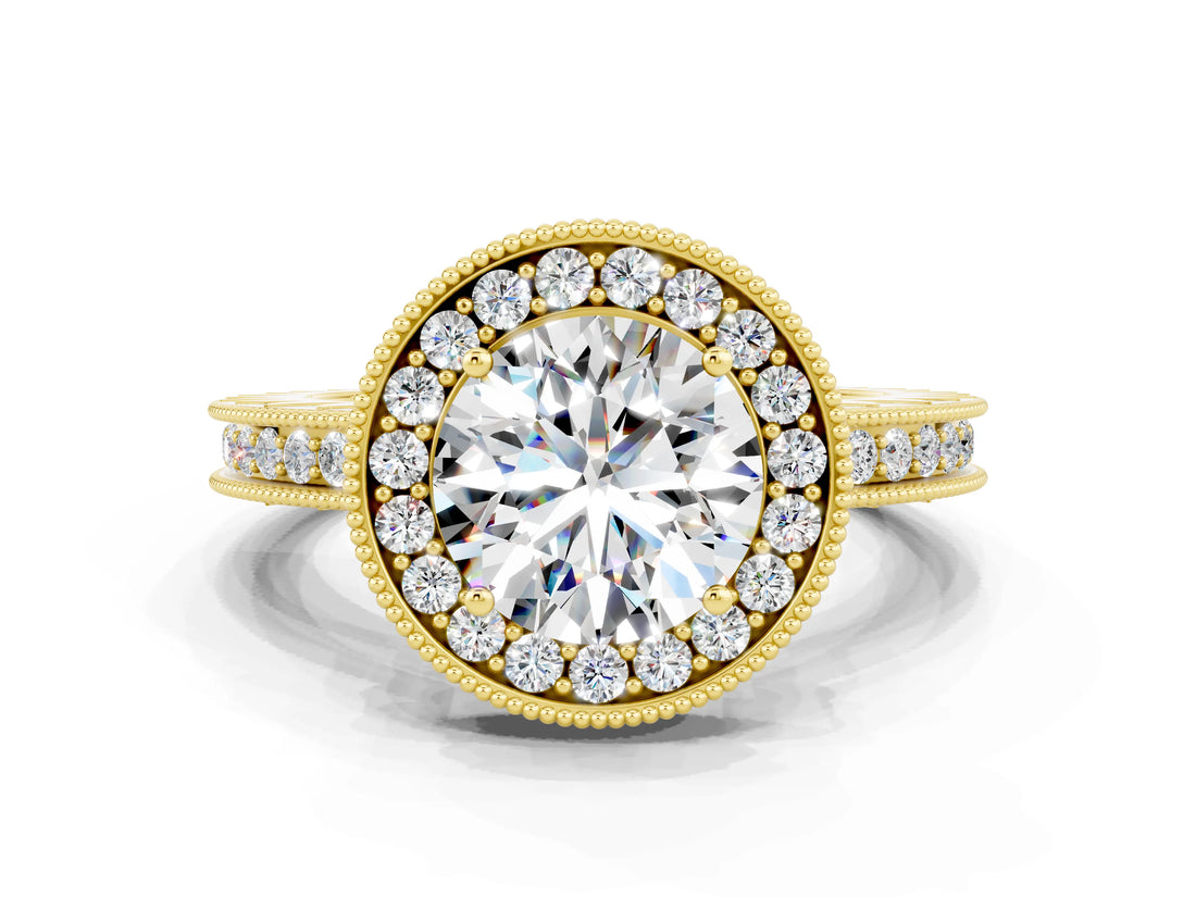 Yellow gold Round Cut Halo Diamond Engagement Ring with Milgrain Pave Band and Four-Prong Setting