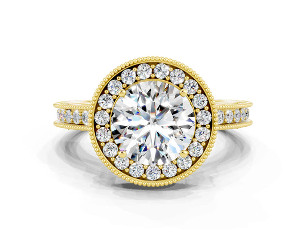 Yellow gold Round Cut Halo Diamond Engagement Ring with Milgrain Pave Band and Four-Prong Setting