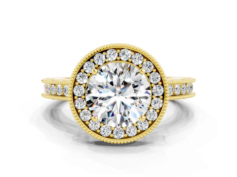 Yellow gold Round Cut Halo Diamond Engagement Ring with Milgrain Pave Band and Four-Prong Setting
