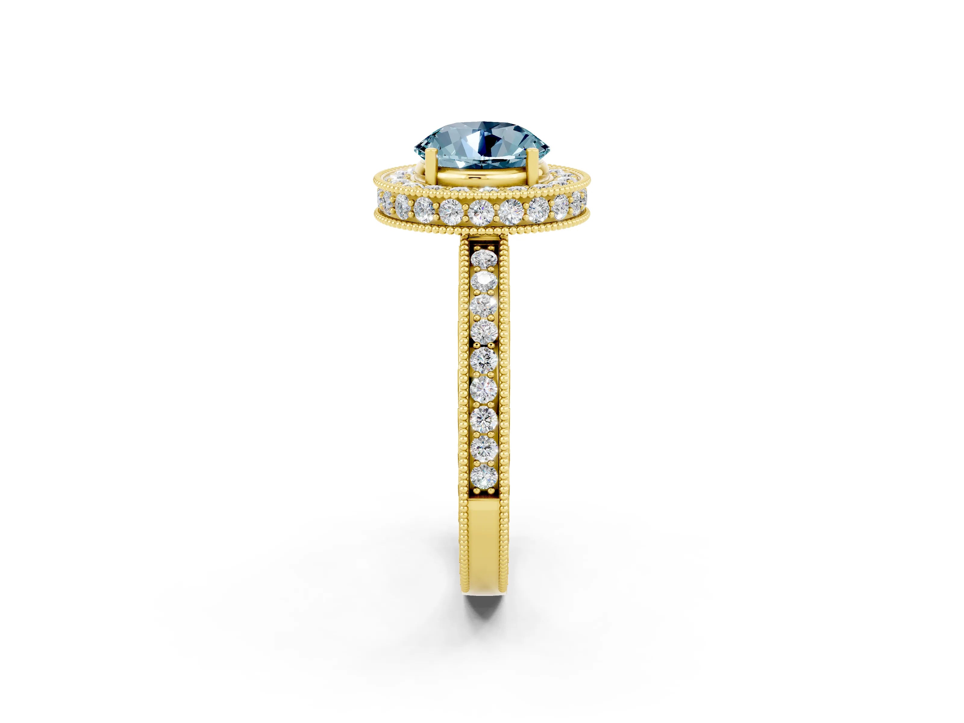 Yellow gold Round Cut Halo Diamond Engagement Ring with Milgrain Pave Band and Four-Prong Setting_2