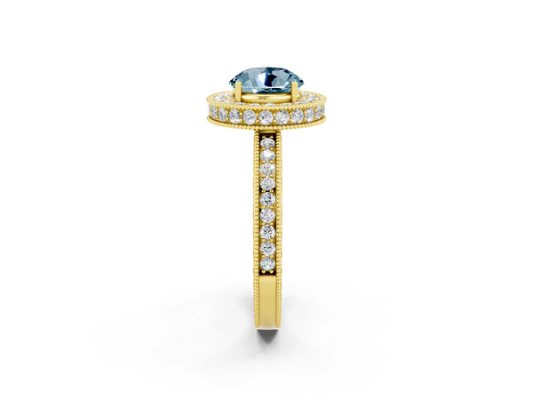Yellow gold Round Cut Halo Diamond Engagement Ring with Milgrain Pave Band and Four-Prong Setting