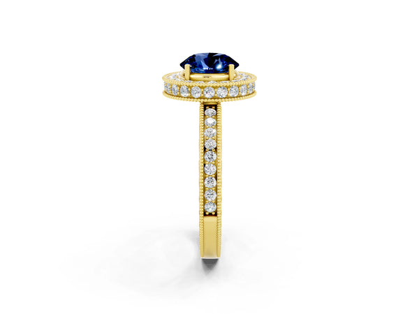 Yellow gold Round Cut Halo Diamond Engagement Ring with Milgrain Pave Band and Four-Prong Setting