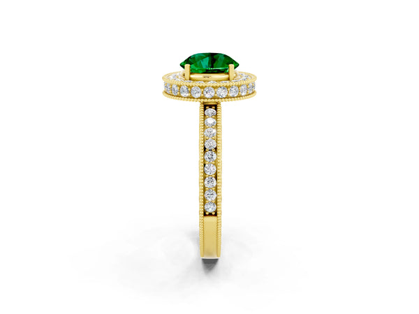 Yellow gold Round Cut Halo Diamond Engagement Ring with Milgrain Pave Band and Four-Prong Setting