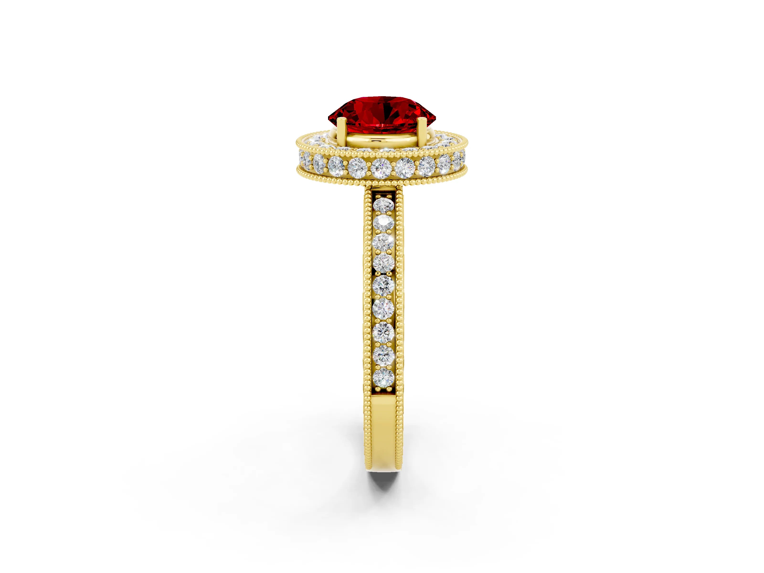 Yellow gold Round Cut Halo Diamond Engagement Ring with Milgrain Pave Band and Four-Prong Setting_2