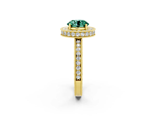 Yellow gold Round Cut Green Sapphire Milgrain Halo Engagement Ring with Round Pavé Band and Prong Setting