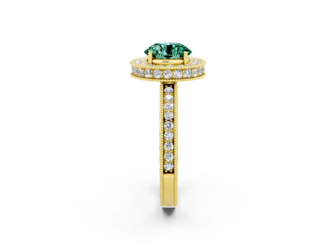 Yellow gold Round Cut Halo Diamond Engagement Ring with Milgrain Pave Band and Four-Prong Setting_2