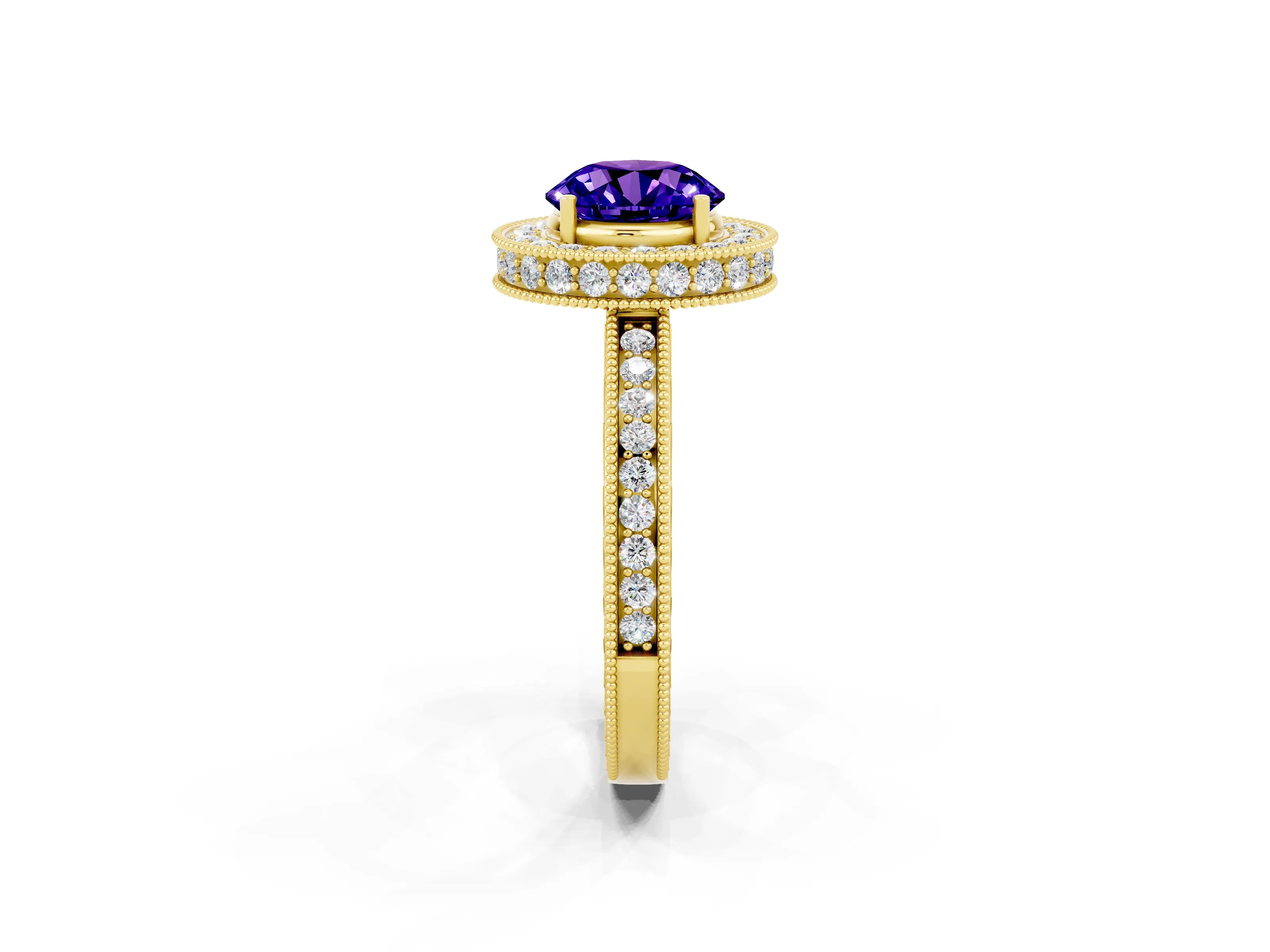 Yellow gold Round Cut Halo Diamond Engagement Ring with Milgrain Pave Band and Four-Prong Setting_2