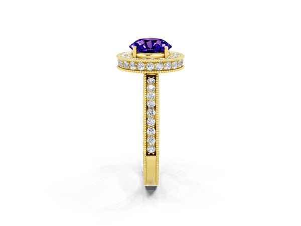 Yellow gold Round Cut Halo Diamond Engagement Ring with Milgrain Pave Band and Four-Prong Setting