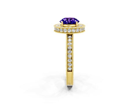 Yellow gold Round Cut Halo Diamond Engagement Ring with Milgrain Pave Band and Four-Prong Setting_2