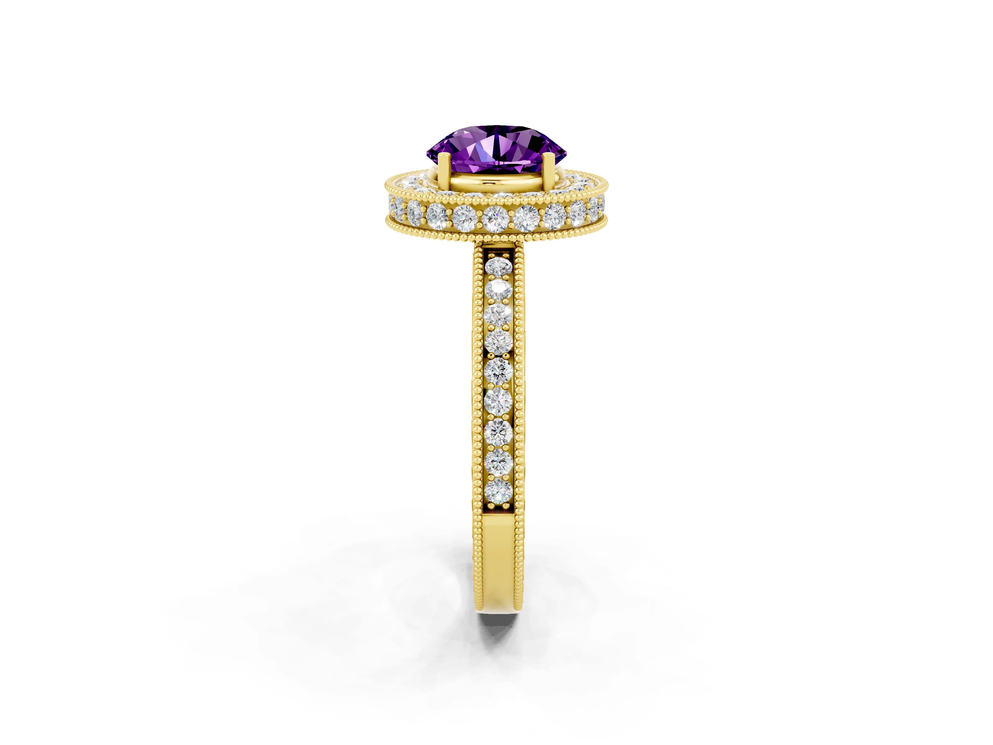 Yellow gold Round Cut Halo Diamond Engagement Ring with Milgrain Pave Band and Four-Prong Setting_2