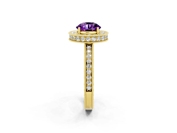 Yellow gold Round Cut Amethyst Milgrain Halo Engagement Ring with Round Pavé Band and Prong Setting