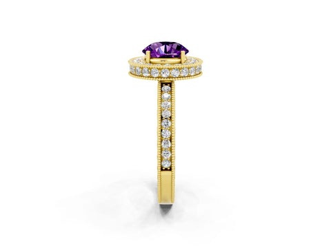 Yellow gold Round Cut Halo Diamond Engagement Ring with Milgrain Pave Band and Four-Prong Setting_2