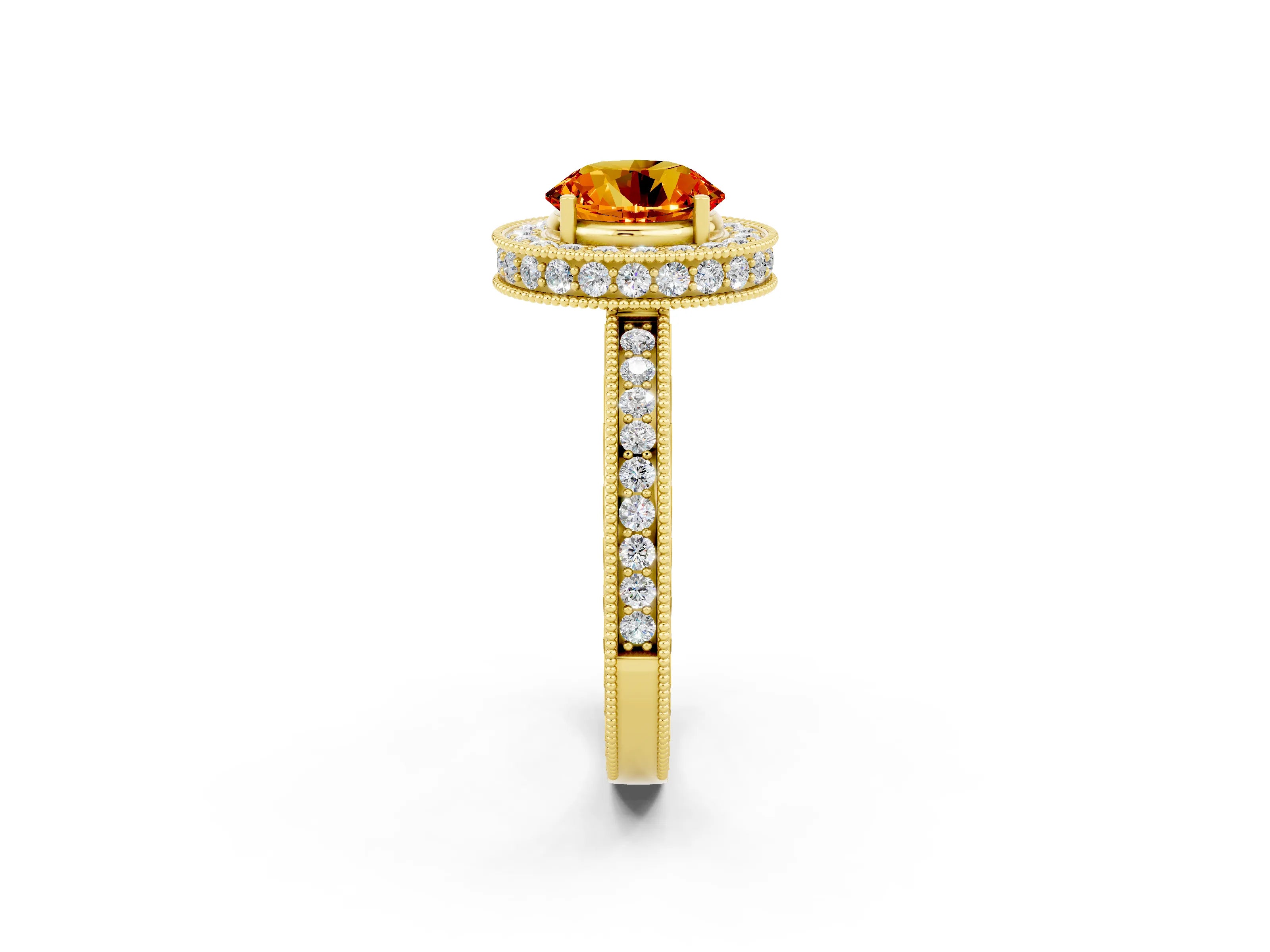 Yellow gold Round Cut Halo Diamond Engagement Ring with Milgrain Pave Band and Four-Prong Setting_2