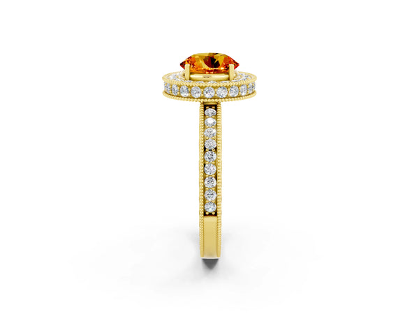 Yellow gold Round Cut Halo Diamond Engagement Ring with Milgrain Pave Band and Four-Prong Setting