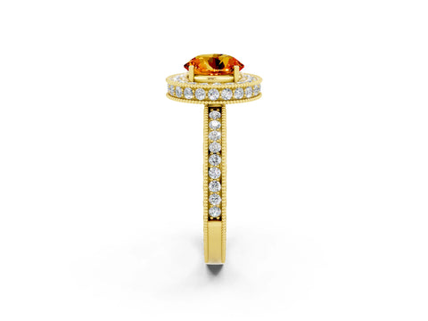 Yellow gold Round Cut Halo Diamond Engagement Ring with Milgrain Pave Band and Four-Prong Setting_2