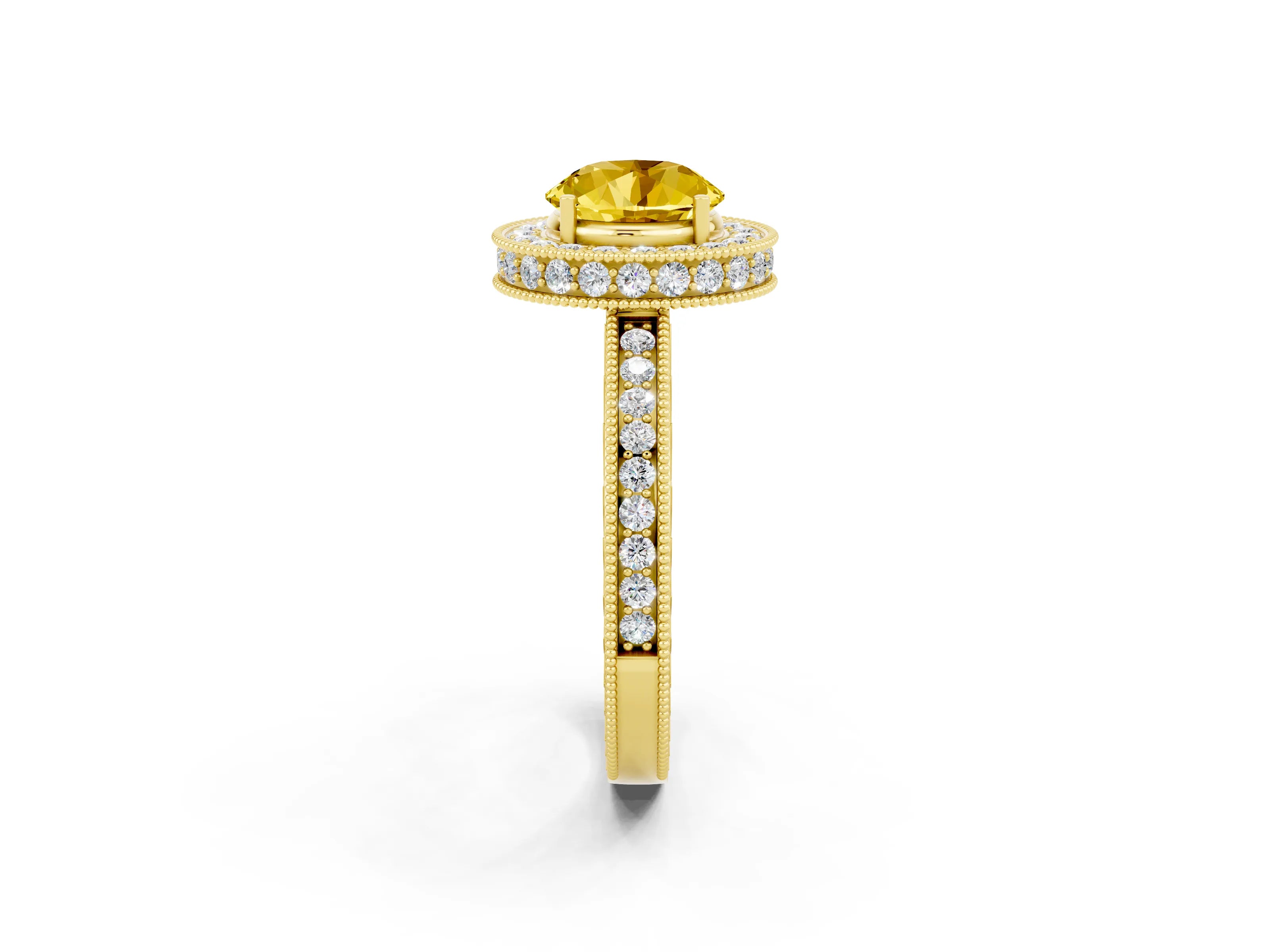 Yellow gold Round Cut Halo Diamond Engagement Ring with Milgrain Pave Band and Four-Prong Setting_2