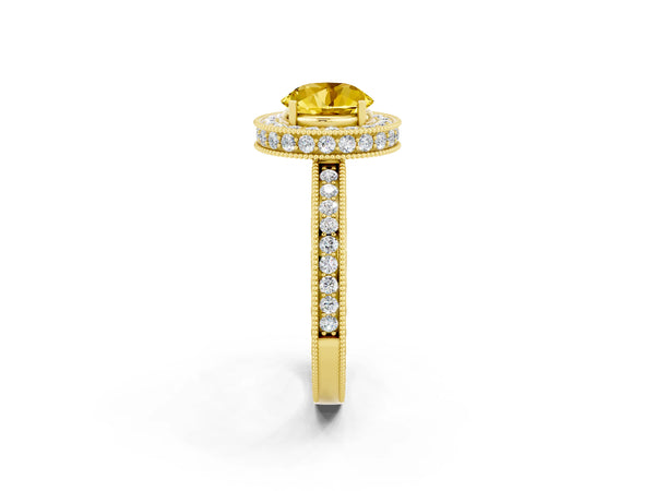Yellow gold Round Cut Halo Diamond Engagement Ring with Milgrain Pave Band and Four-Prong Setting