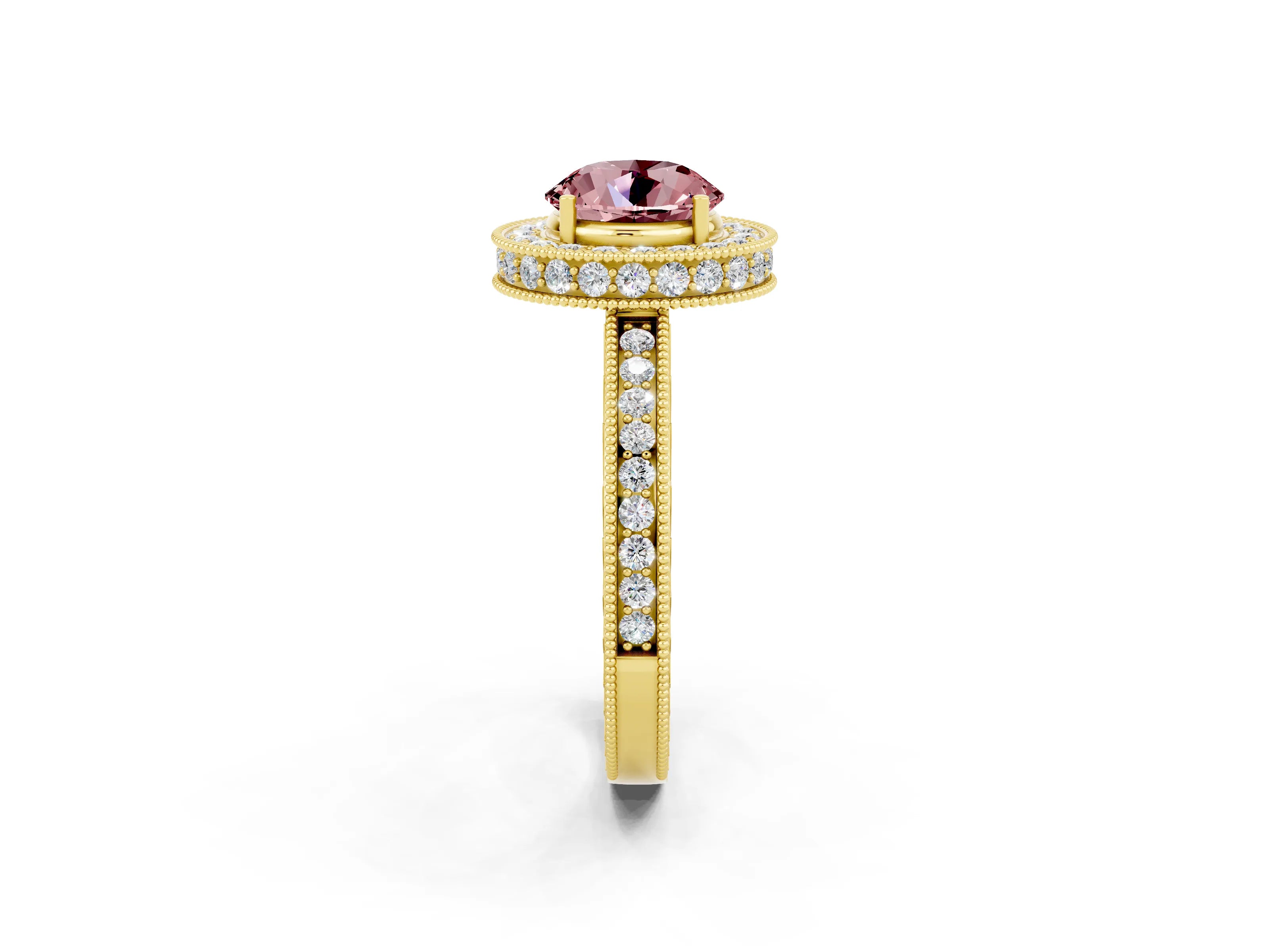 Yellow gold Round Cut Halo Diamond Engagement Ring with Milgrain Pave Band and Four-Prong Setting_2