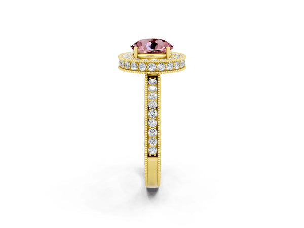 Yellow gold Round Cut Halo Diamond Engagement Ring with Milgrain Pave Band and Four-Prong Setting