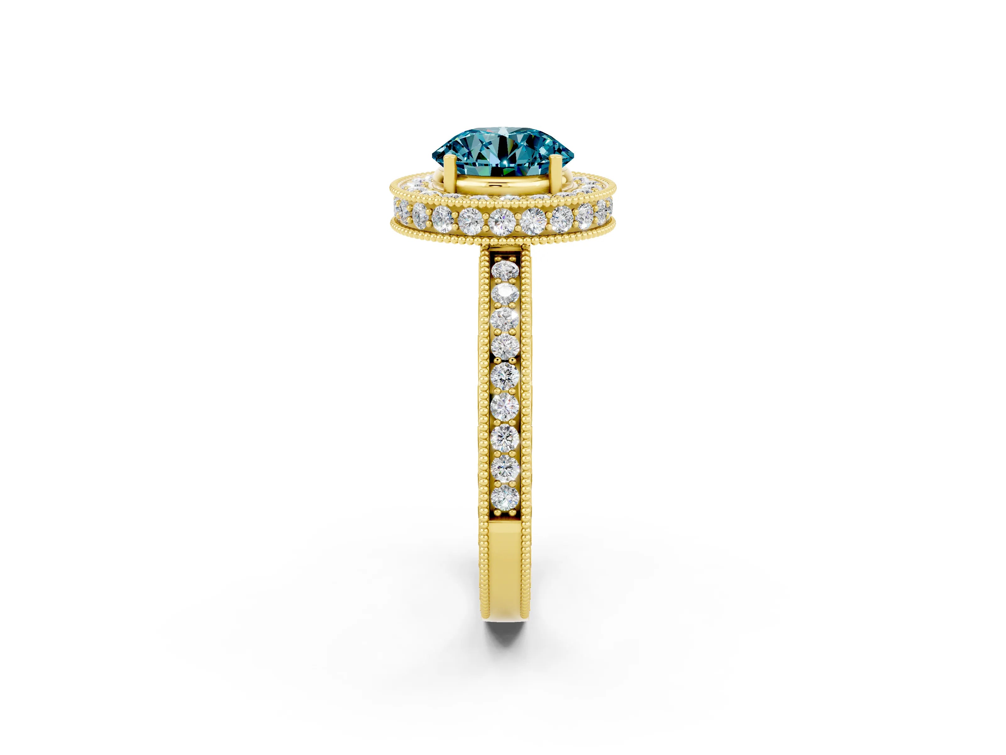 Yellow gold Round Cut Halo Diamond Engagement Ring with Milgrain Pave Band and Four-Prong Setting_2