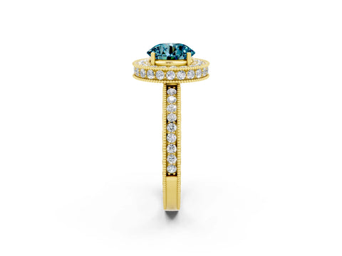 Yellow gold Round Cut Halo Diamond Engagement Ring with Milgrain Pave Band and Four-Prong Setting_2