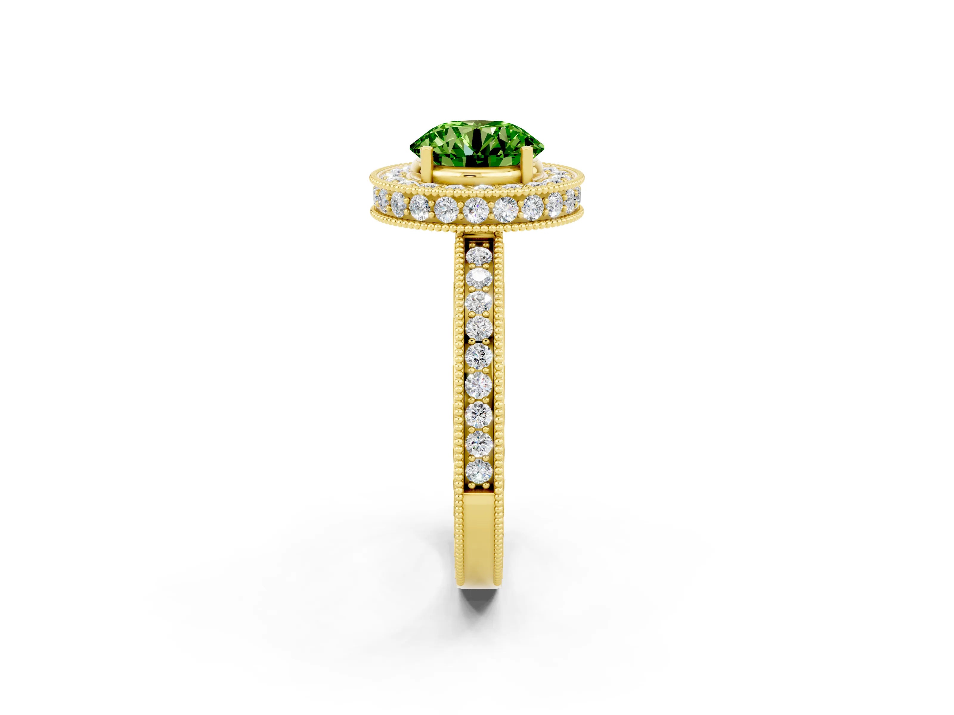 Yellow gold Round Cut Halo Diamond Engagement Ring with Milgrain Pave Band and Four-Prong Setting_2