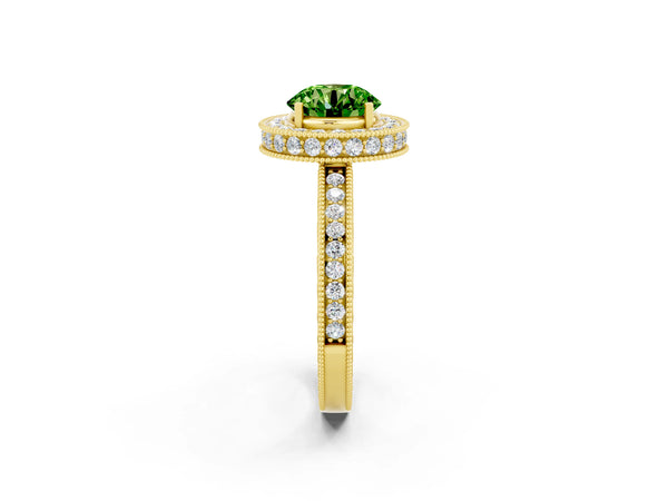 Yellow gold Round Cut Halo Diamond Engagement Ring with Milgrain Pave Band and Four-Prong Setting