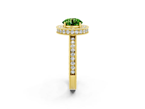 Yellow gold Round Cut Halo Diamond Engagement Ring with Milgrain Pave Band and Four-Prong Setting_2