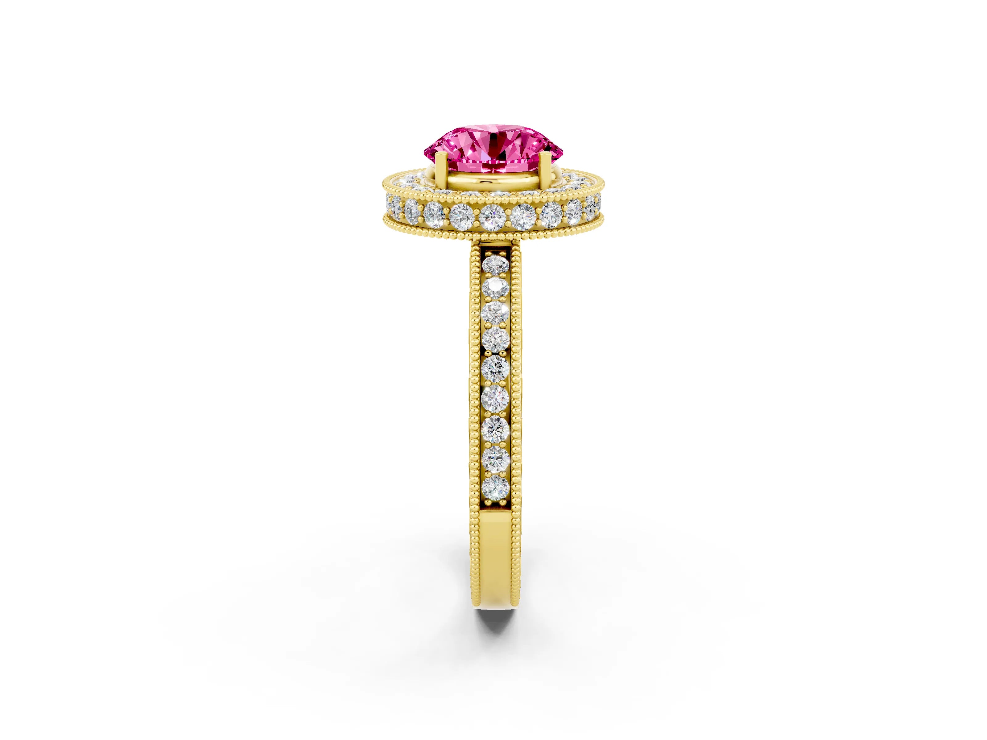 Yellow gold Round Cut Halo Diamond Engagement Ring with Milgrain Pave Band and Four-Prong Setting_2