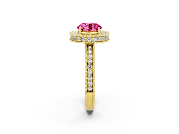 Yellow gold Round Cut Halo Diamond Engagement Ring with Milgrain Pave Band and Four-Prong Setting