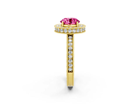 Yellow gold Round Cut Halo Diamond Engagement Ring with Milgrain Pave Band and Four-Prong Setting_2