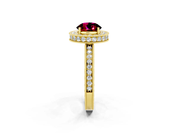Yellow gold Round Cut Halo Diamond Engagement Ring with Milgrain Pave Band and Four-Prong Setting