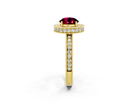 Yellow gold Round Cut Halo Diamond Engagement Ring with Milgrain Pave Band and Four-Prong Setting_2