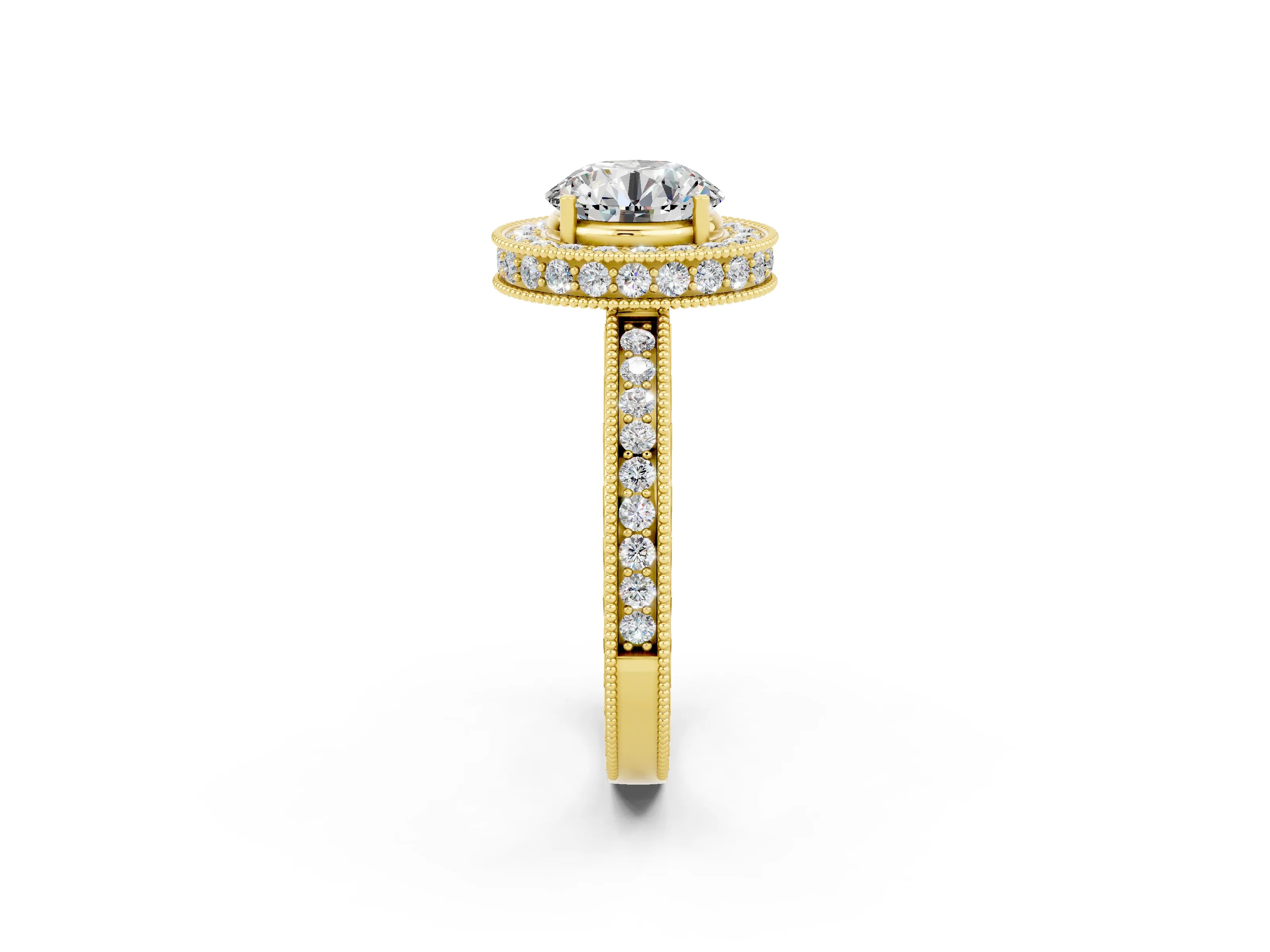Yellow gold Round Cut Halo Diamond Engagement Ring with Milgrain Pave Band and Four-Prong Setting_2