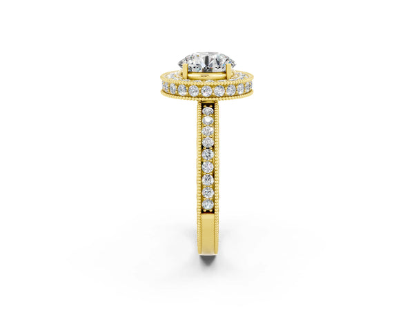 Yellow gold Round Cut Halo Diamond Engagement Ring with Milgrain Pave Band and Four-Prong Setting