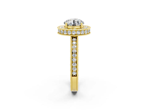 Yellow gold Round Cut Halo Diamond Engagement Ring with Milgrain Pave Band and Four-Prong Setting_2