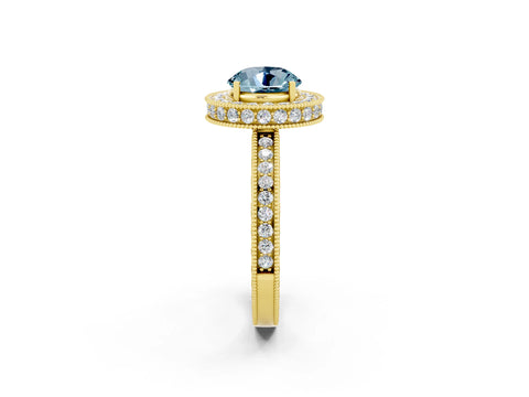 Yellow gold Round Cut Halo Diamond Engagement Ring with Milgrain Pave Band and Four-Prong Setting_2