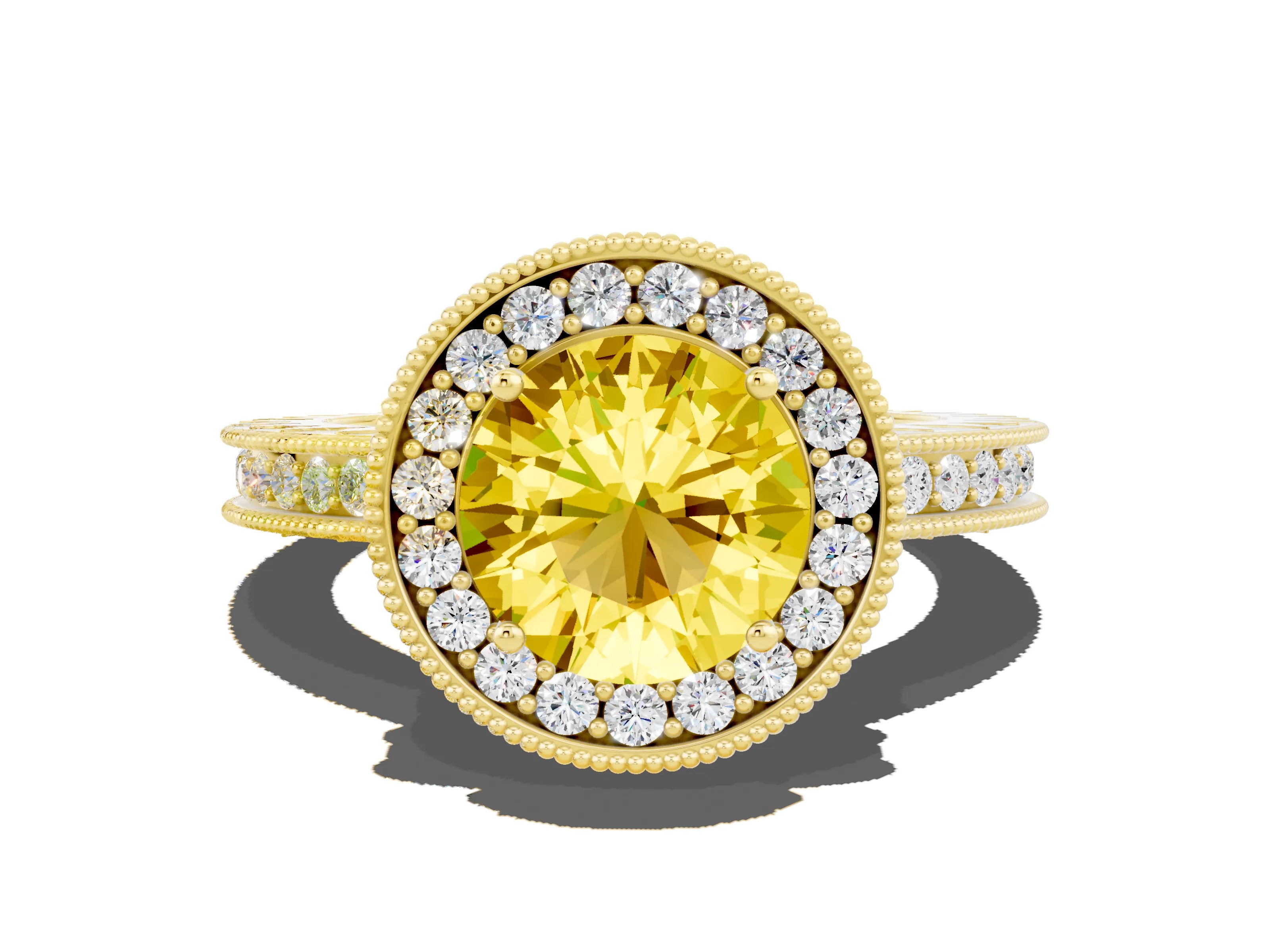Yellow gold Round Cut Halo Diamond Engagement Ring with Milgrain Pave Band and Four-Prong Setting