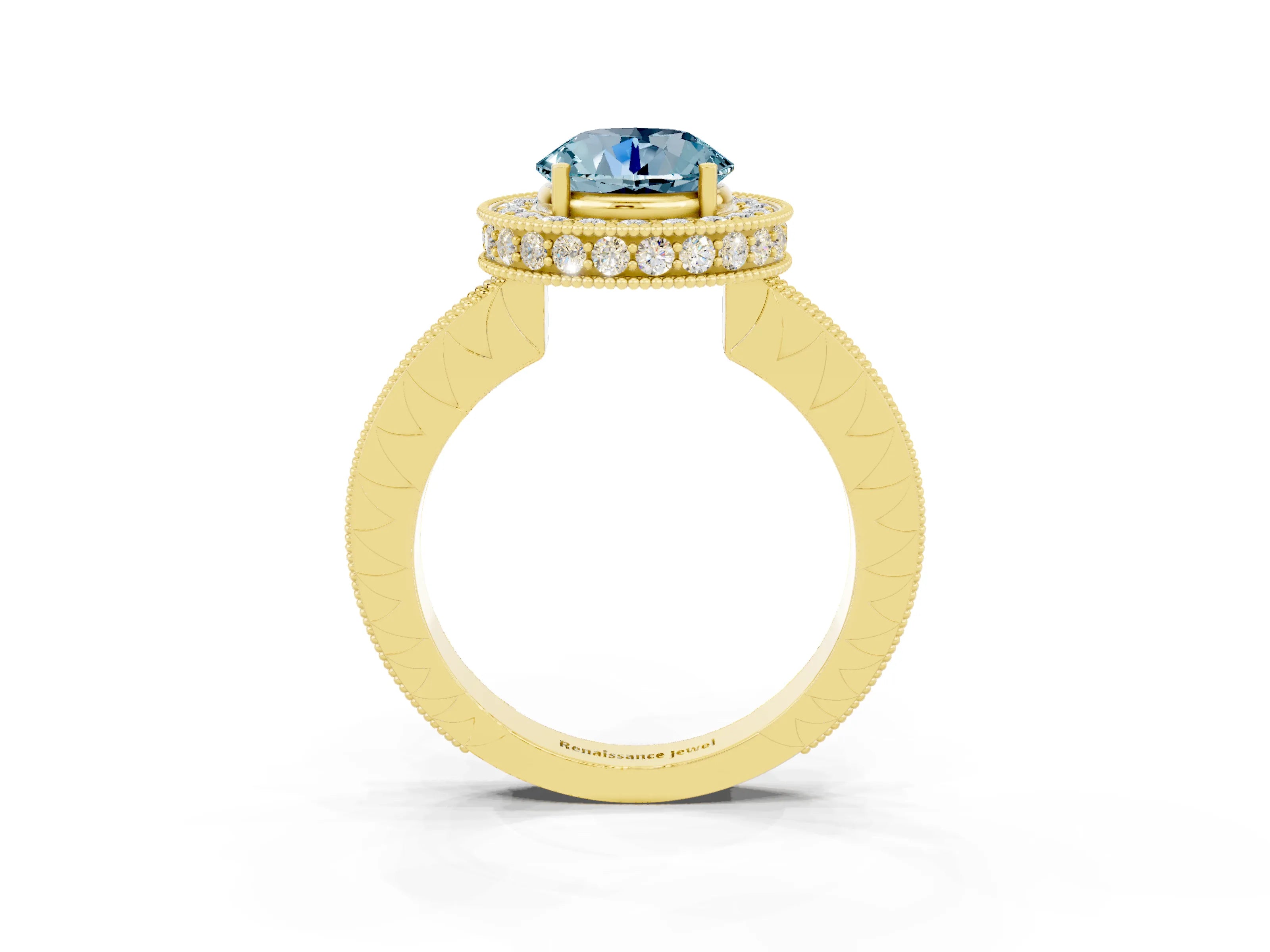 Yellow gold Round Cut Halo Diamond Engagement Ring with Milgrain Pave Band and Four-Prong Setting_3