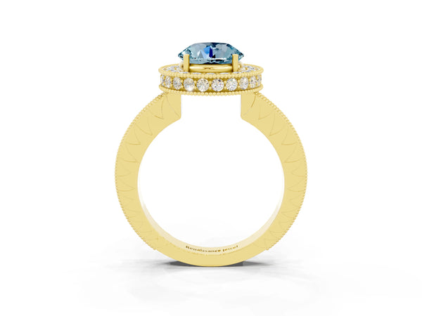 Yellow gold Round Cut Halo Diamond Engagement Ring with Milgrain Pave Band and Four-Prong Setting