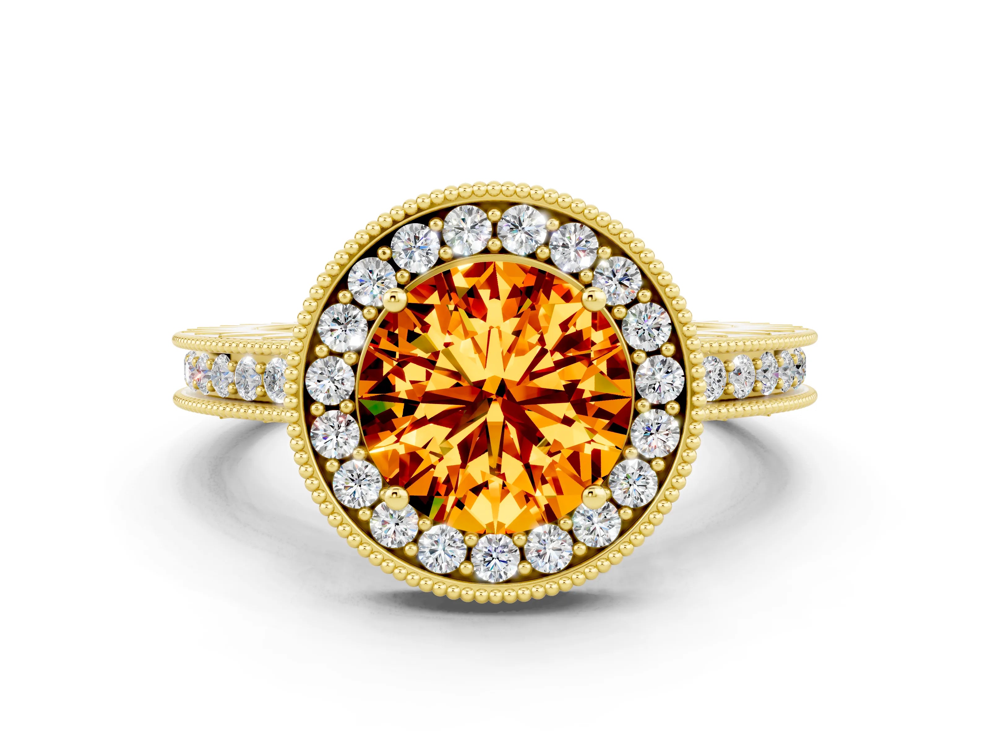 Yellow gold Round Cut Halo Diamond Engagement Ring with Milgrain Pave Band and Four-Prong Setting